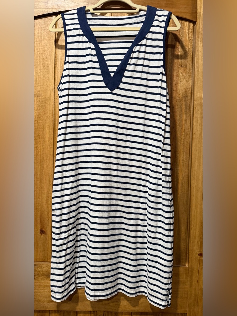 Lands' End Navy and White V-Neck Striped Midi Dress